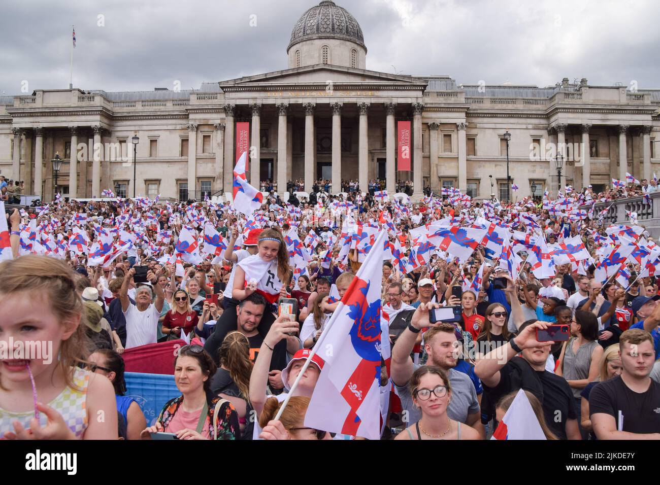 London, UK. 1st August 2022. Thousands of people gathered in Trafalgar Square to celebrate the England team - the Lionesses -  winning Women's Euro 2022 football tournament. Stock Photo