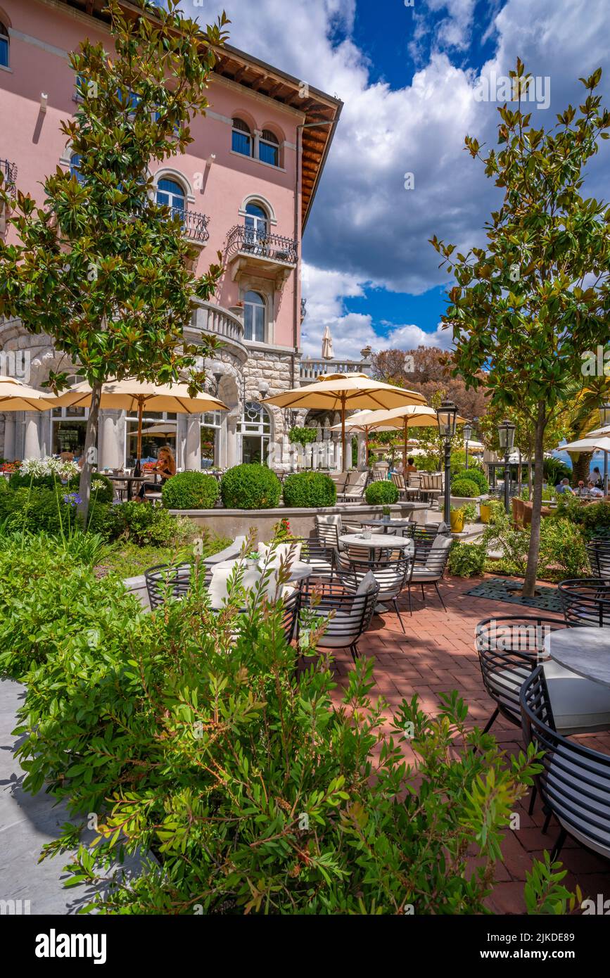 View of hotel cafe overlooking Aegean Sea in Opatija, Eastern Istria, Kvarner Bay, Eastern Istria, Croatia, Europe Stock Photo