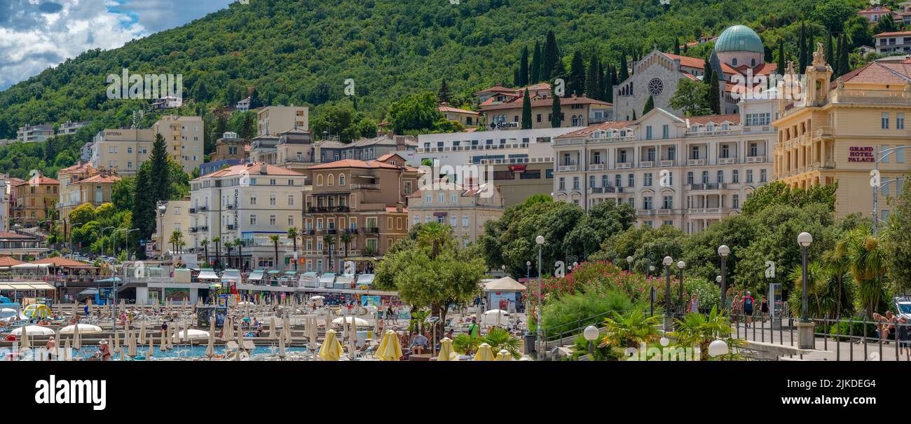 View of church and hotels overlooking promenade in Opatija, Eastern Istria, Kvarner Bay, Eastern Istria, Croatia, Europe Stock Photo