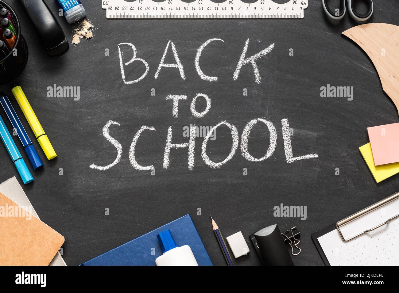 back to school student essentials black chalkboard Stock Photo