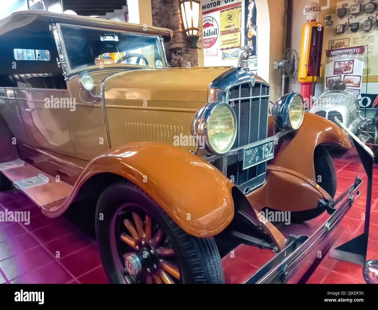 La Plata, Argentina - Jul 2, 2022: Old beige Durant Rugby 1929 four door double phaeton. Side view. Classic car. Automobile Museum Rau Collection Stock Photo