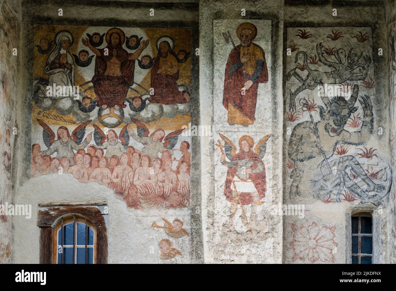 wall paintings of hell and the devil, Romanesque church, Mont village, Louron valley, Occitanie, Pyrenean mountain range, France. Stock Photo