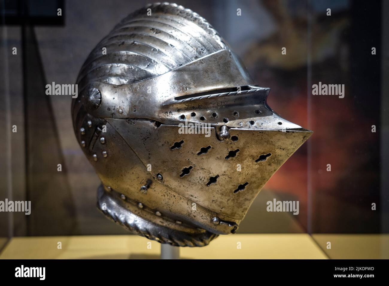 clos de joute helmet, XVI century, castle of Foix, 10th century, Foix, department of Ariège, Occitanie, Pyrenean mountain range, France. Stock Photo