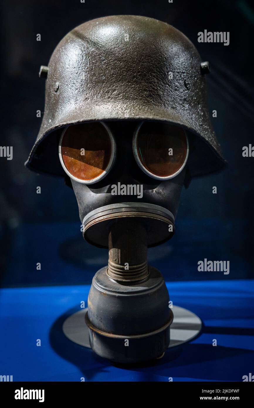 Stahlhelm helmet and gas mask, first world war, castle of Foix, 10th century, Foix, department of Ariège, Occitanie, Pyrenean mountain range, France. Stock Photo