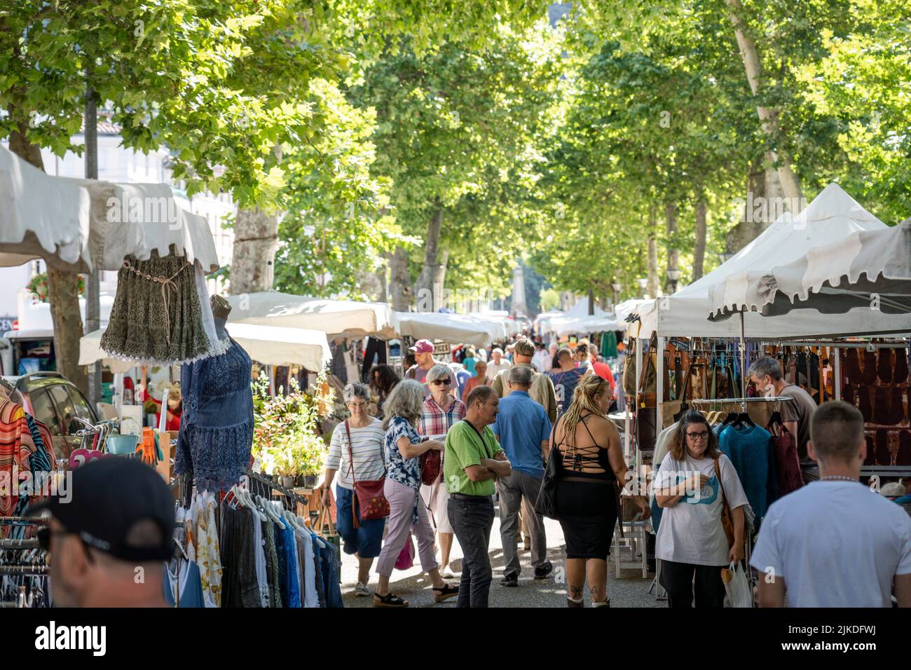 weekly outdoor market, Foix, department of Ariège, Occitanie, Pyrenean mountain range, France. Stock Photo