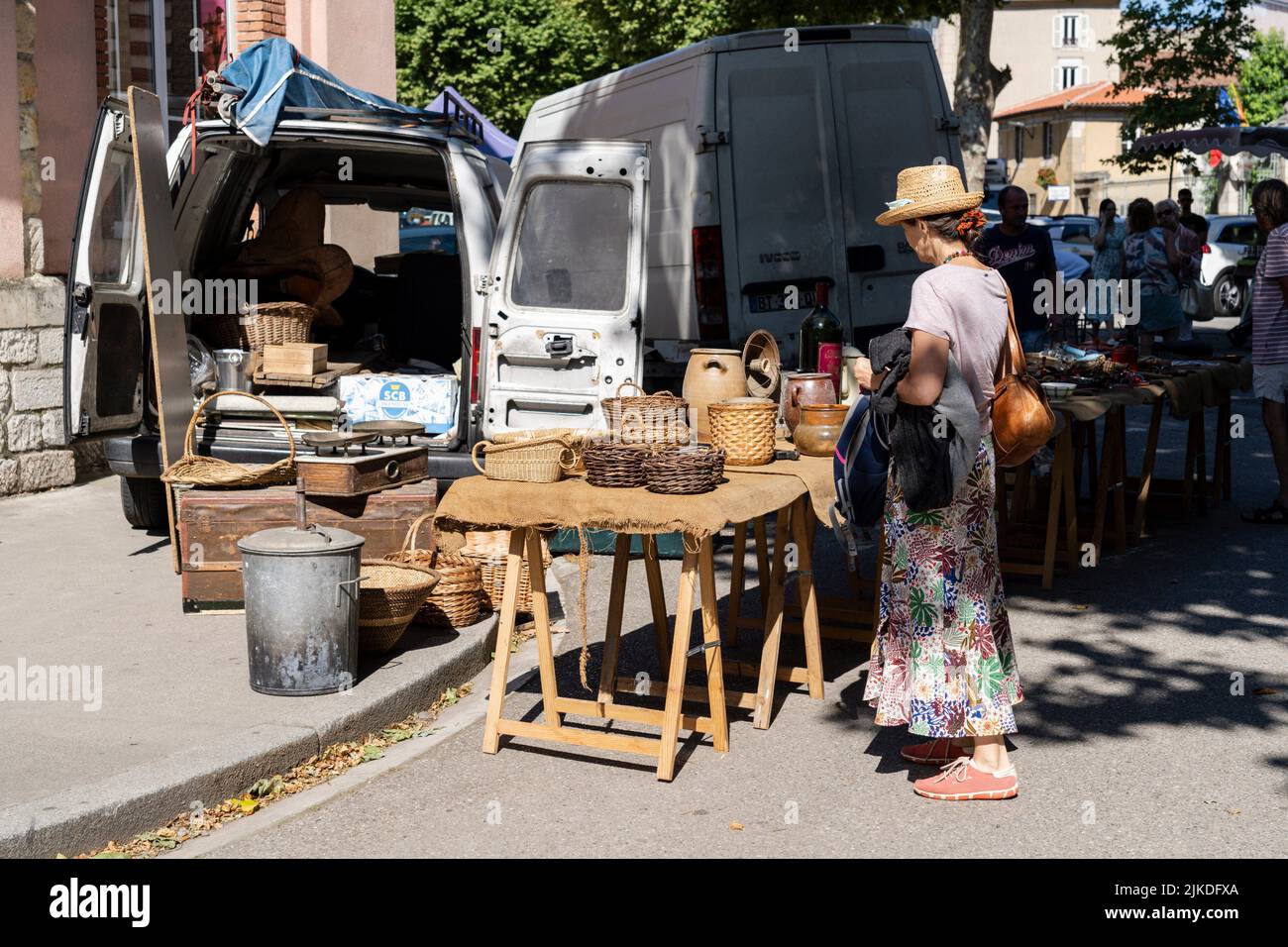weekly outdoor market, Foix, department of Ariège, Occitanie, Pyrenean mountain range, France. Stock Photo