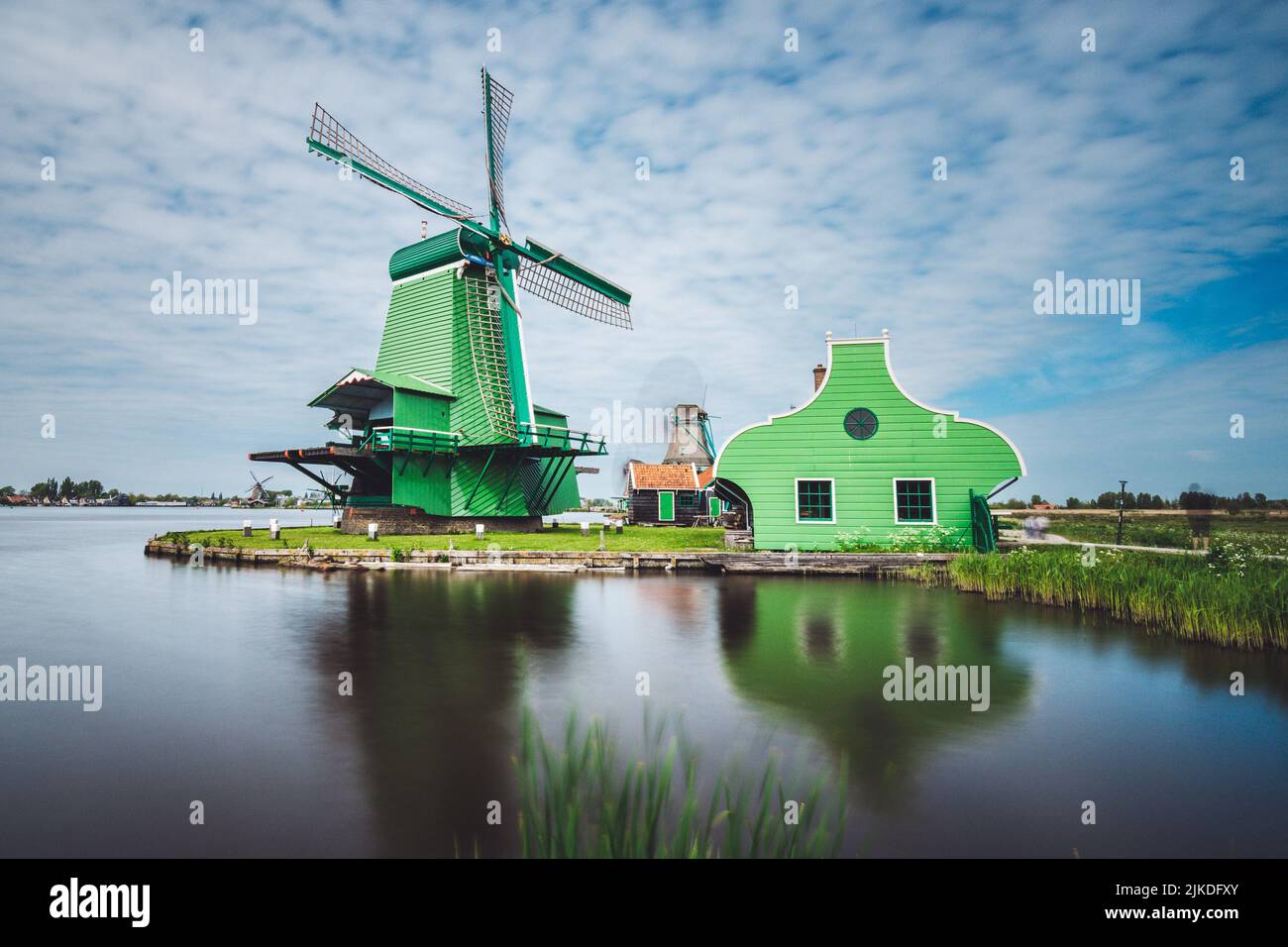 Long exposure photos of beautiful windmills in Zaanse Schans Stock Photo