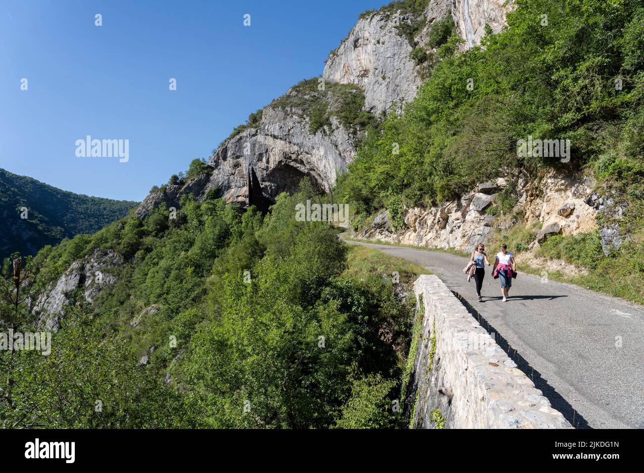 entrance of the cave of Niaux, Vicdessos valley, Niaux, department of Ariège, Pyrenean mountain range, France. Stock Photo