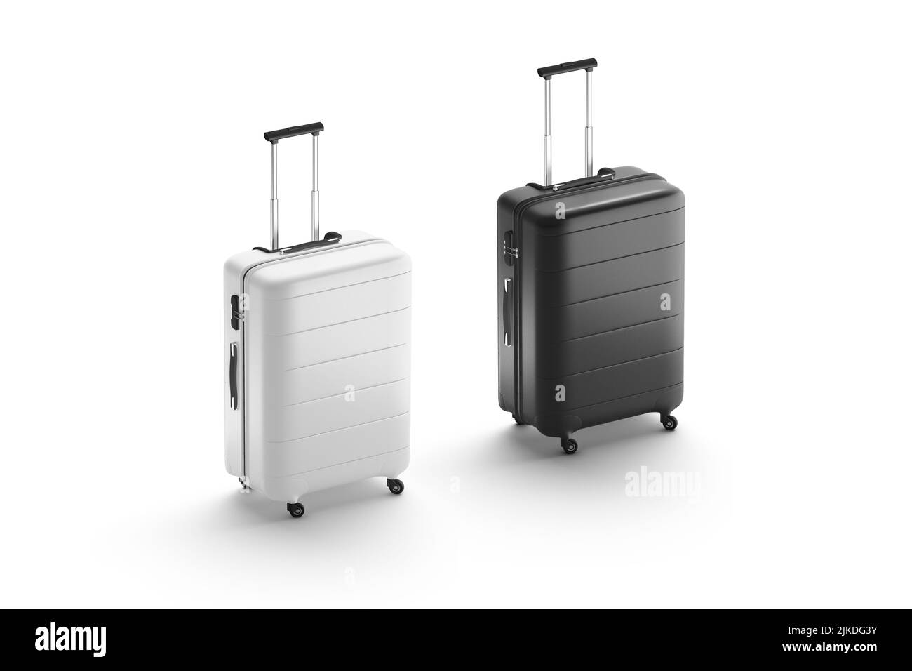 Blank black and white suitcase with handle mockup, side view Stock Photo
