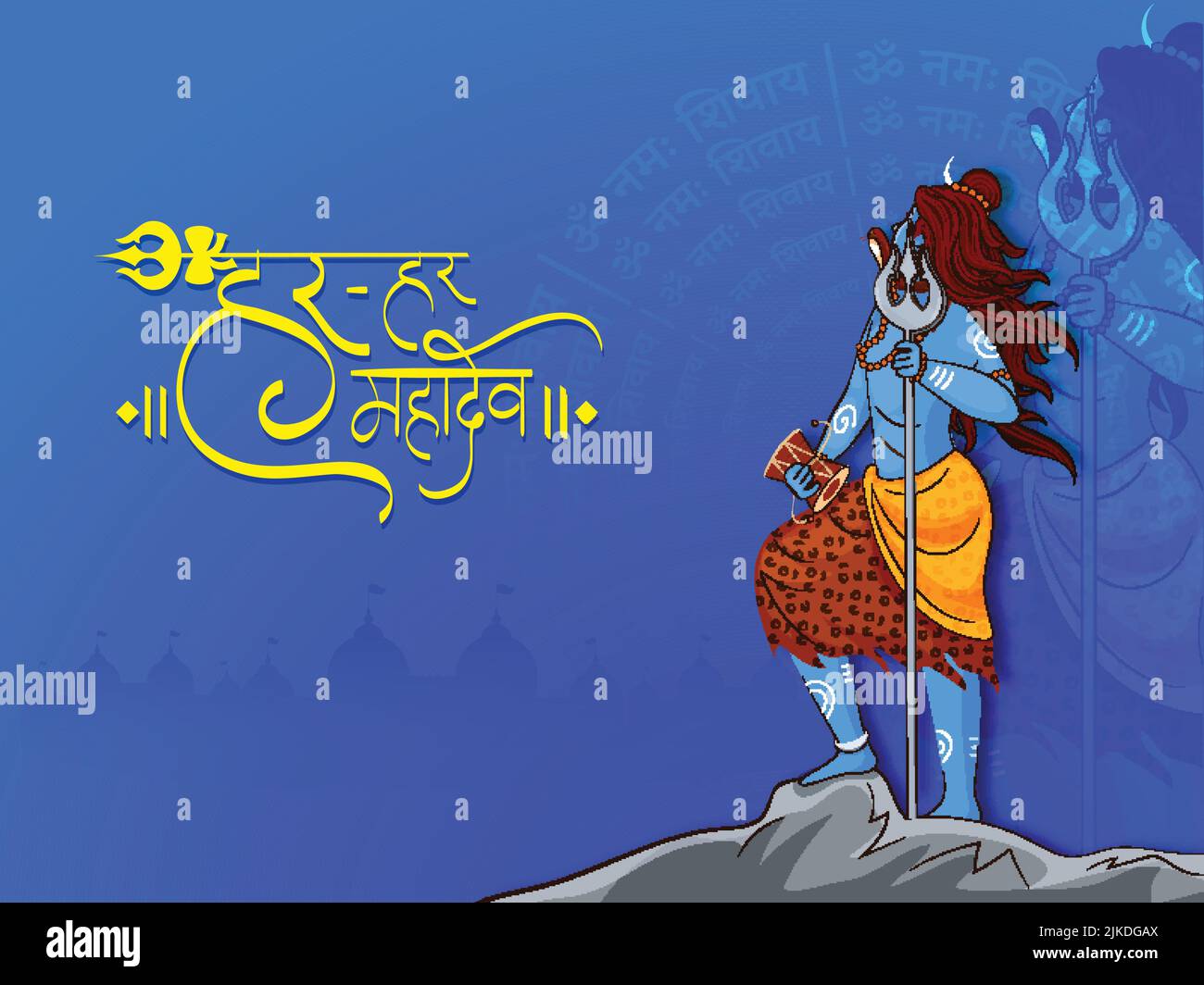 Hindi Lettering Of Everywhere Shiva (Har Har Mahadev) With Hindu Lord Shiva  Character On Blue Silhouette Temple Background Stock Vector Image & Art -  Alamy
