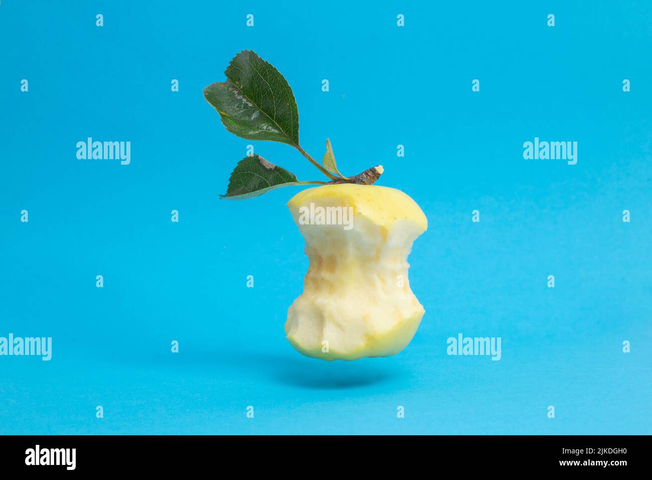 eaten golden delicious apple core with leaves, levitating on blue