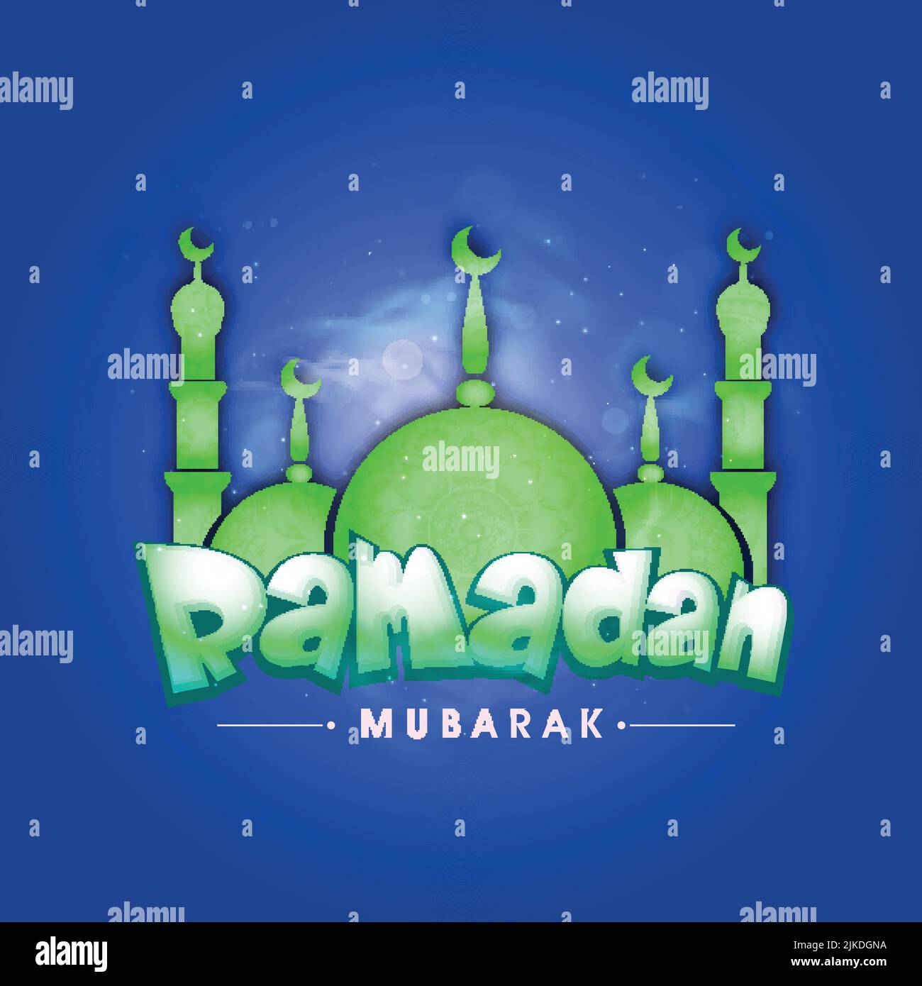 Ramadan Mubarak Font With Green Mosque And Lights Effect On Blue