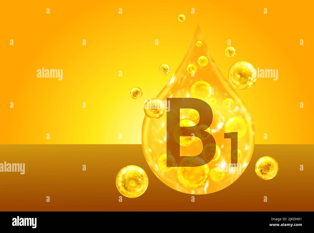 Vitamin B1. Golden drops with oxygen bubbles. Health concept Stock