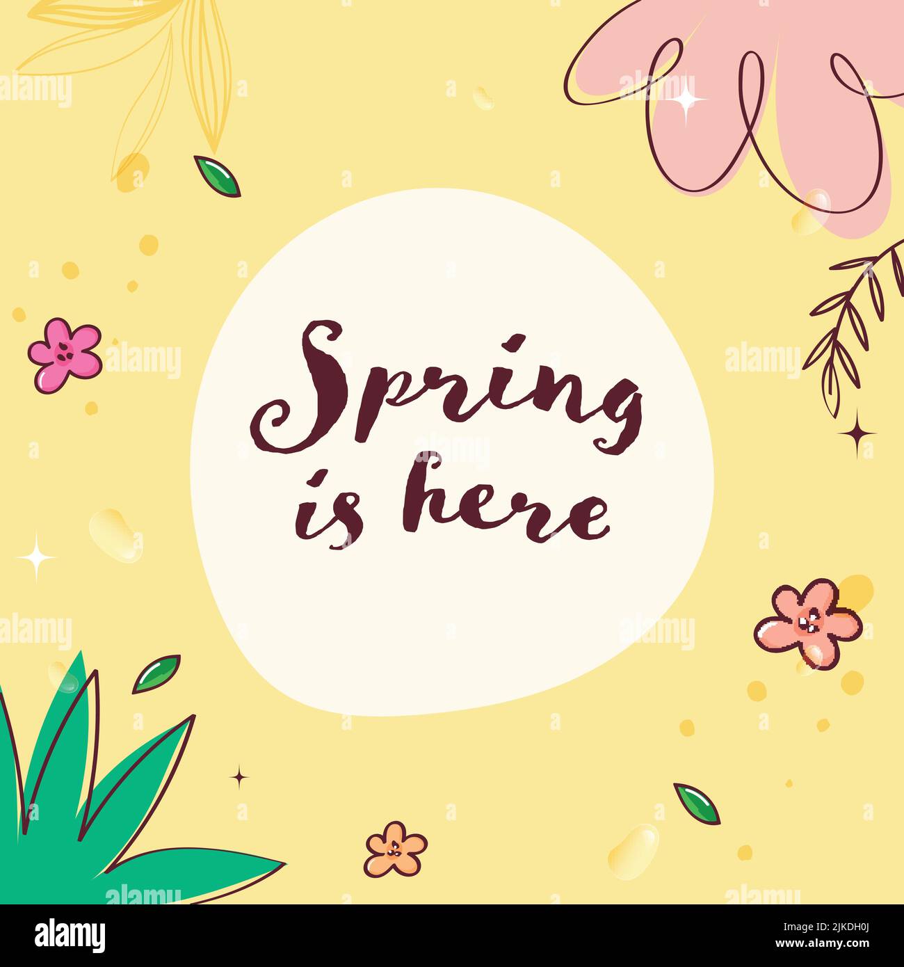 Spring Is Here Font With Flowers, Leaves On White And Yellow Background