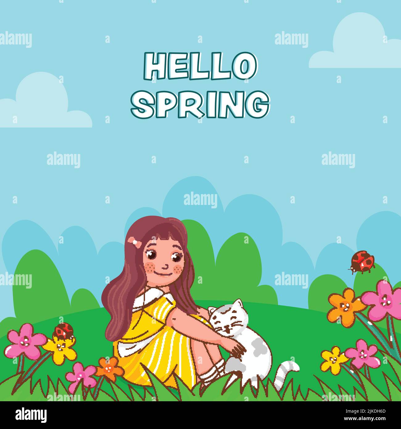 Hello Spring Background With Cute Girl Sitting And Cat Illustration ...