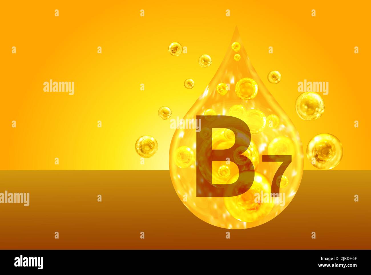 Vitamin B7. Golden drops with oxygen bubbles. Health concept Stock