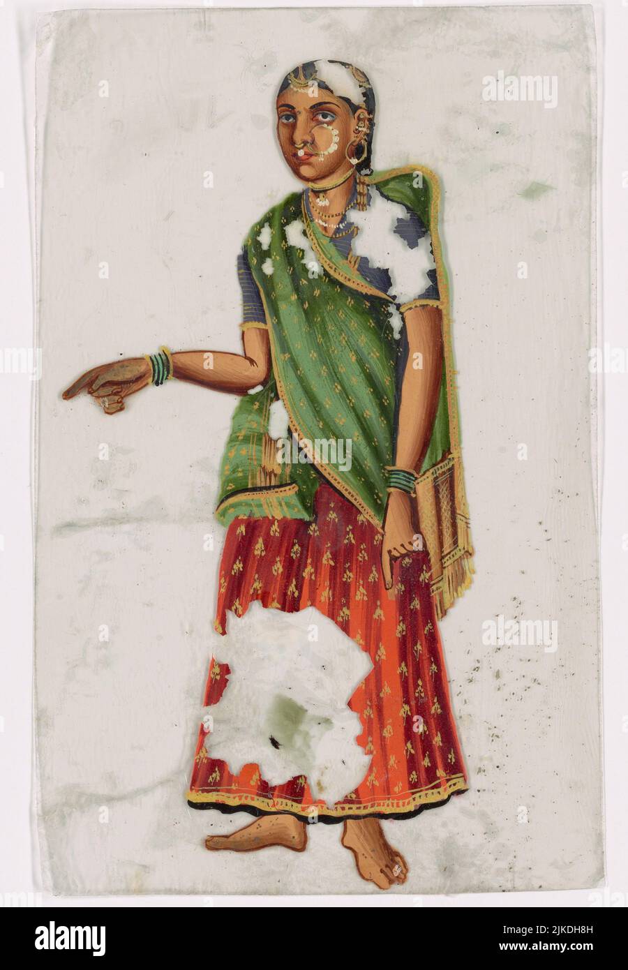 Woman in red and green sari, pointing with right hand. Indian coloured drawings: a collection of 177 original paintings on talc, etc., with 17 Stock Photo