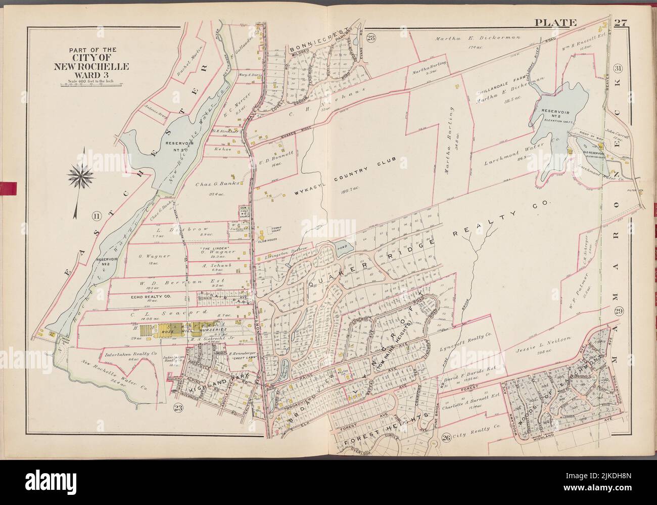 Westchester, V. 1, Double Page Plate No. 27 [Map bounded by Mamaroneck, Overlook Circle, East Chester]. G.W. Bromley & Co. (Publisher). Atlases of Stock Photo