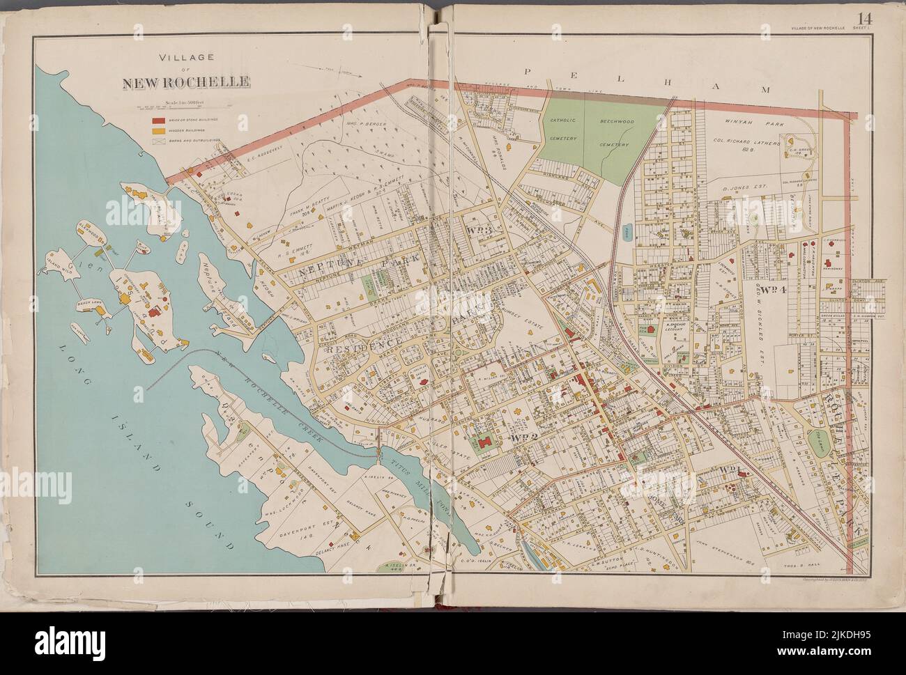 Westchester, Double Page Plate No. 14 [Map bounded by Pelham Winthrop St., Echo Ave., Long Island Sound]. Bien, Joseph R. (Publisher). Atlases of the Stock Photo