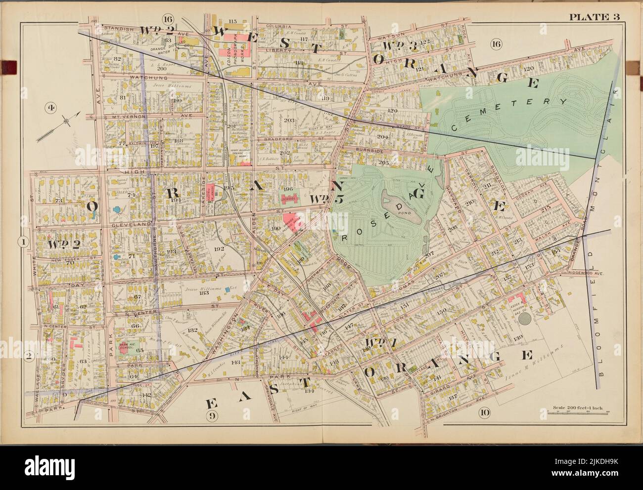 West Orange, Orange, East Orange. Double Page Plate No. 3 [Map bounded by Columbia St., Watson St., Orange Rd., N. Brighton Ave., Park St., Wallace Stock Photo