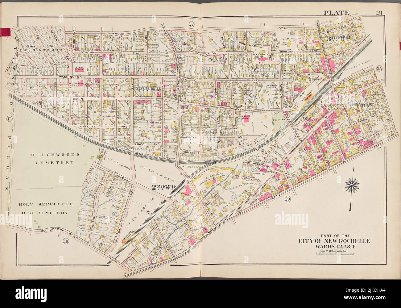 Westchester, V. 1, Double Page Plate No. 21 [Map bounded by Lockwood Ave., Hudson St., Huguenot Main St., Old Boston Post Rd., Town of Pelham]. G.W. Stock Photo