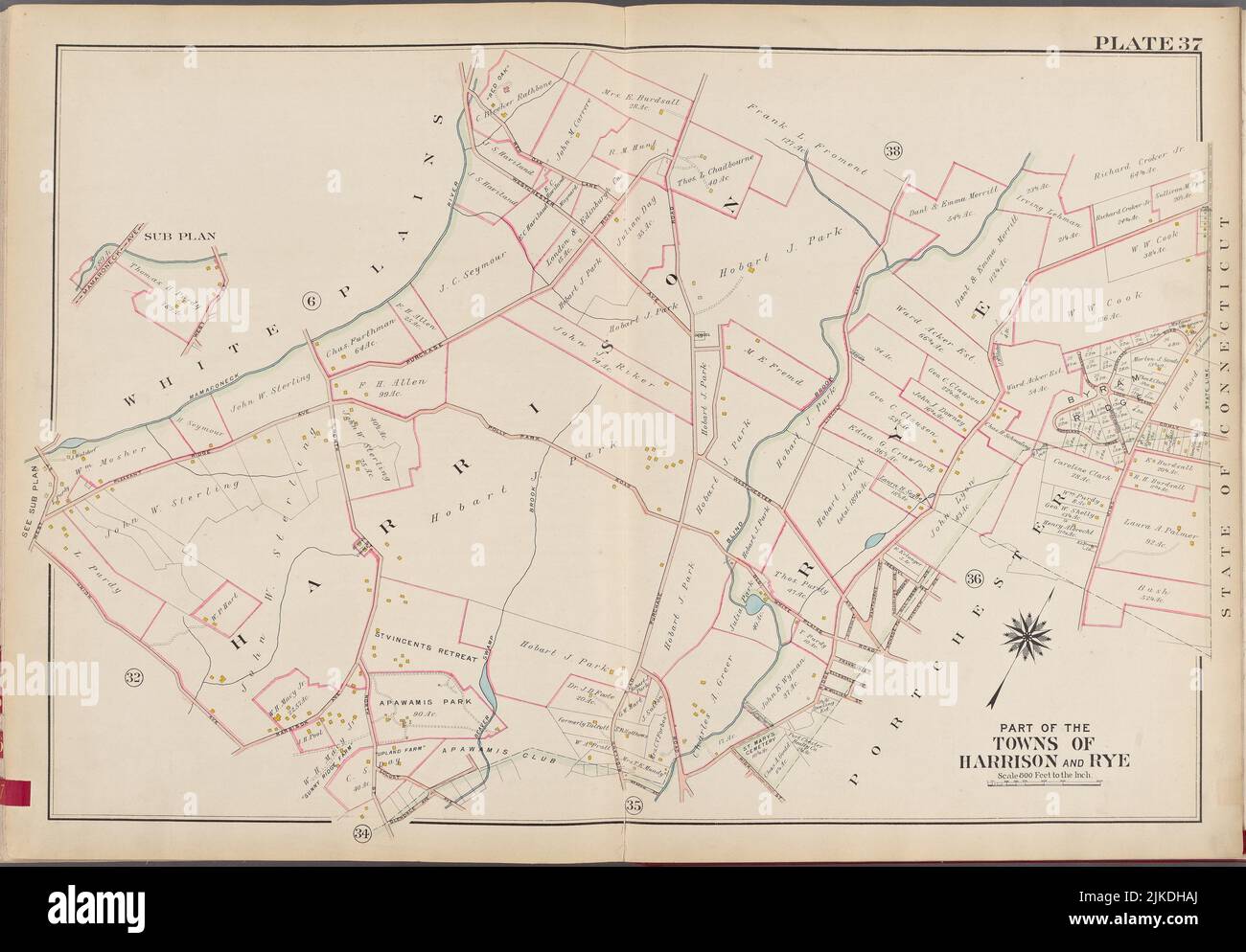 Westchester, V. 1, Double Page Plate No. 37 [Map bounded by White Plains, Ring St., Port Chester, Clendale Ave., Union Ave.]. G.W. Bromley & Co. Stock Photo