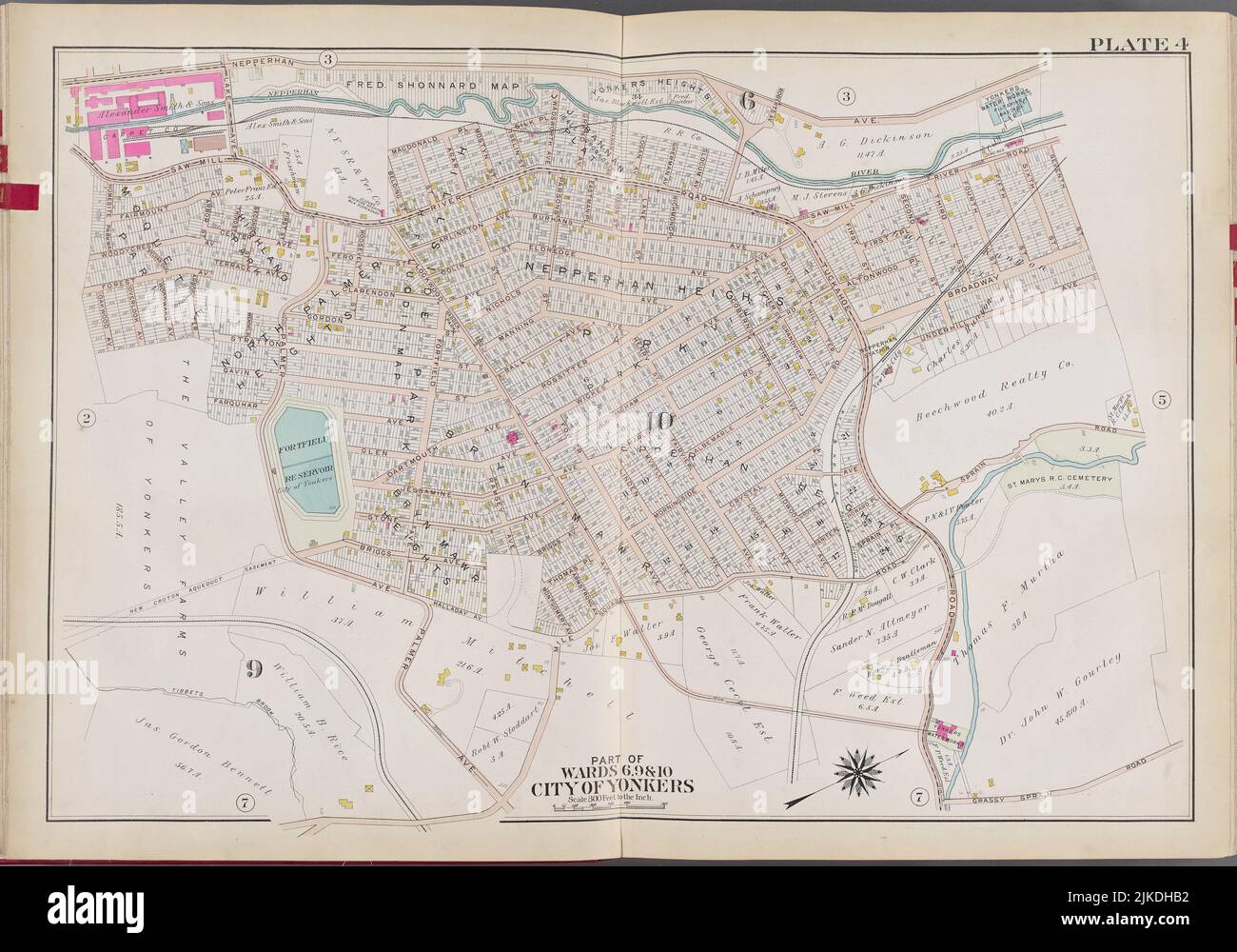 Westchester, V. 2, Double Page Plate No. 4 [Map bounded by Nepperhan Ave., 7th St., Grassy Spran Rd., Square Rd.]. G.W. Bromley & Co. (Publisher). Stock Photo