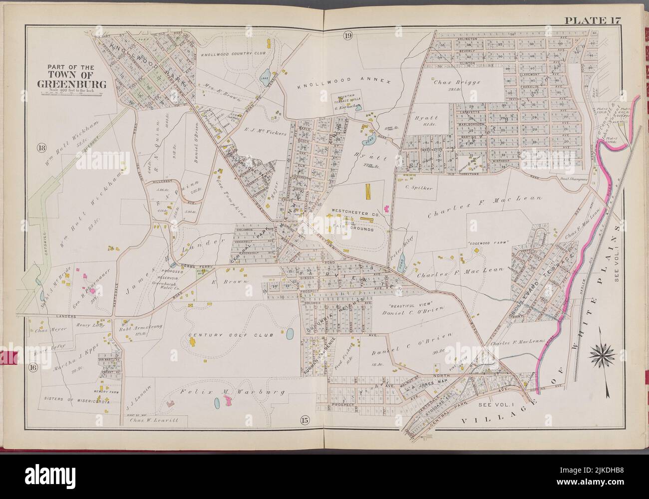 Westchester, V. 2, Double Page Plate No. 17 [Map bounded by Arlington Ave., Village of White Plains]. G.W. Bromley & Co. (Publisher). Atlases of the Stock Photo