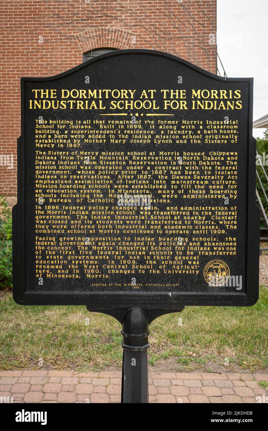 MORRIS, MN, USA - JULY 9, 2022: Dormitory at the Morris Industrial School for Indians placard on the campus of the University of Minnesota Morris. Stock Photo