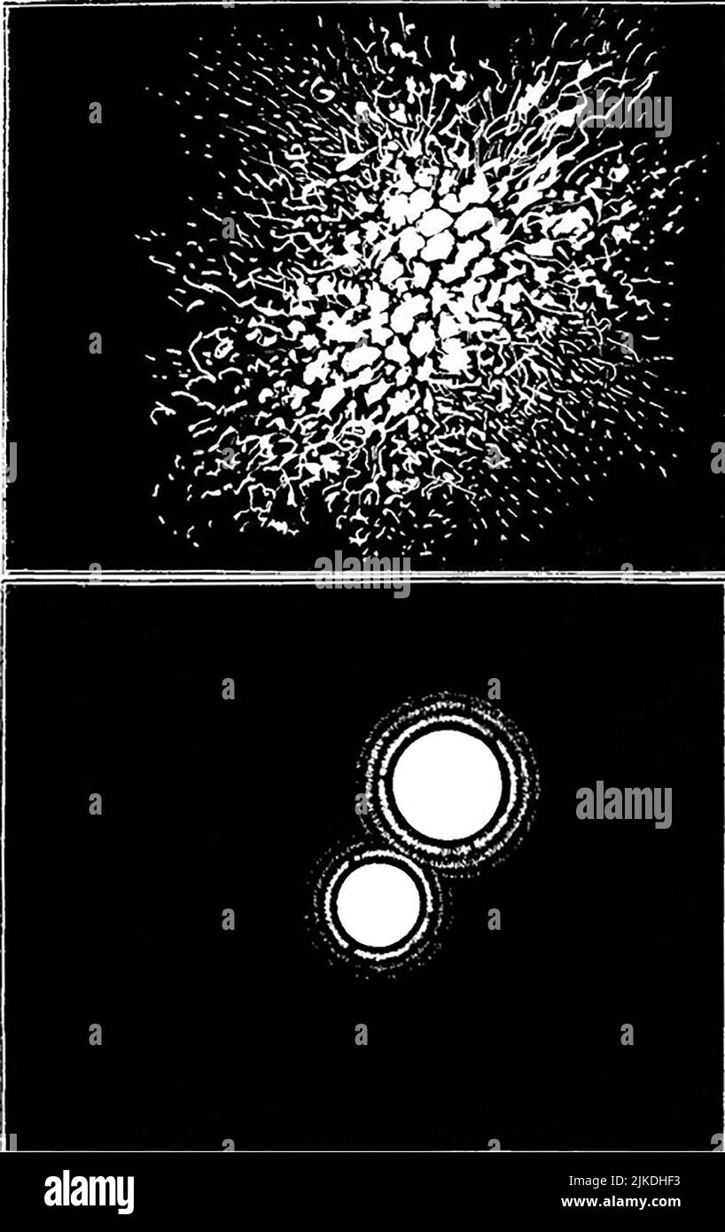 The effects of the Earth’s Atmosphere on the Telescopic Image of alpha Piscium from Edinburgh and from Alta Vista 10,700 ft., compared. From a 1863 Stock Photo