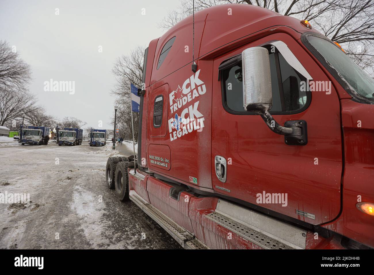 A semi truck is seen during the 'convoie de la liberte' (freedom convoy) rally in Quebec City Friday February 4, 2022. Stock Photo