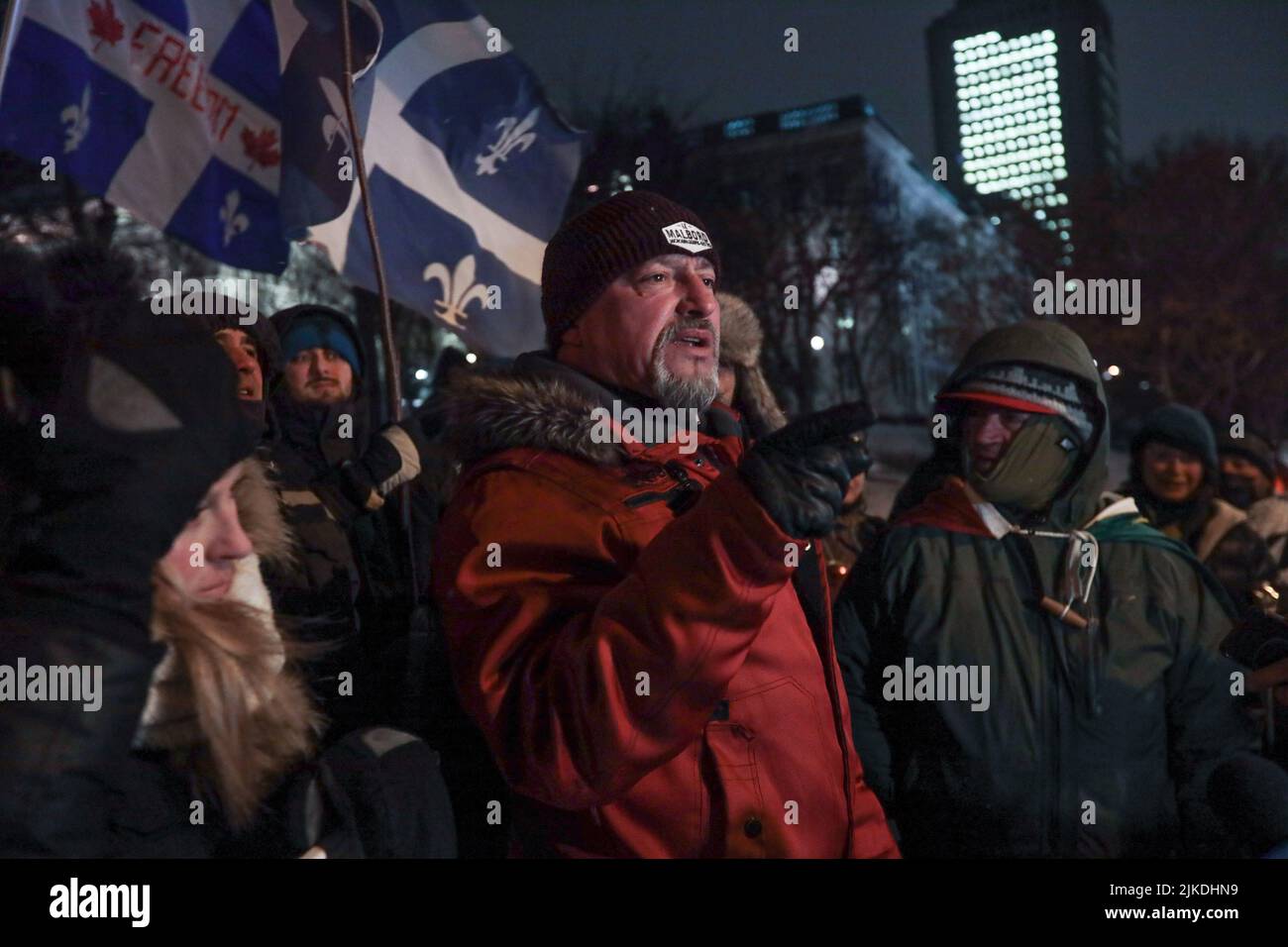Bernard 'Rambo' Gauthier talks to the journalists during the 'convoie de la liberte' (freedom convoy) rally in Quebec City Friday February 4, 2022. Stock Photo