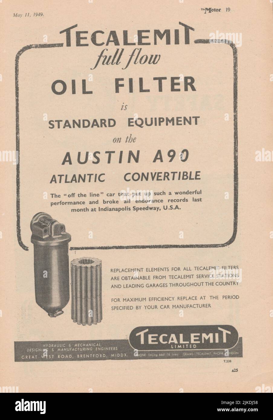 Tecalemit Oil filter old vintage advertisement from a UK car magazine Stock Photo