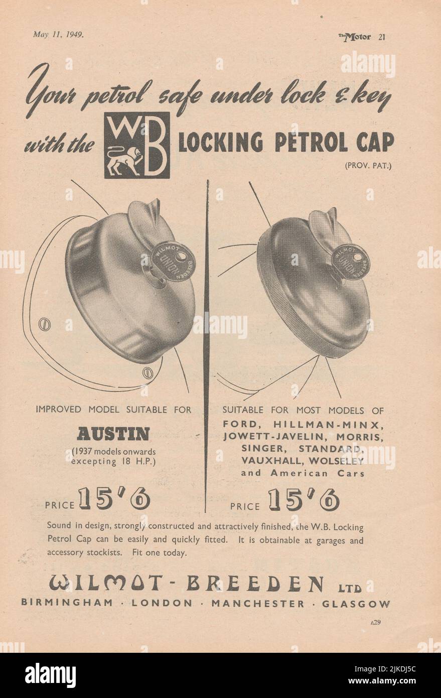 Wilmot-Breeden Ltd Locking petrol cap old vintage advertisement from a UK car magazine Stock Photo