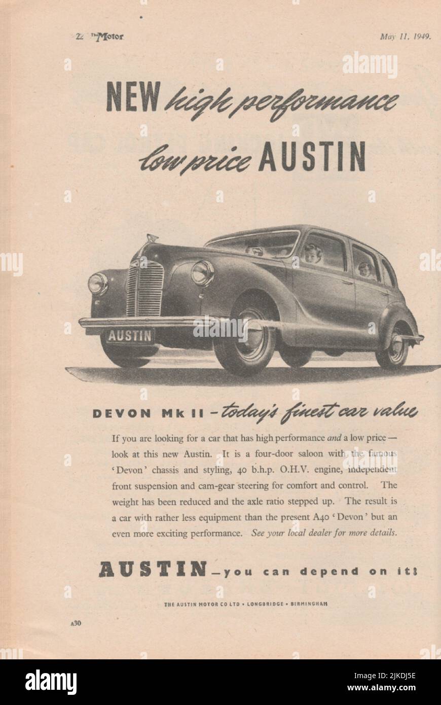 Austin Devon MK II old vintage advertisement from a UK car magazine 1949 Stock Photo