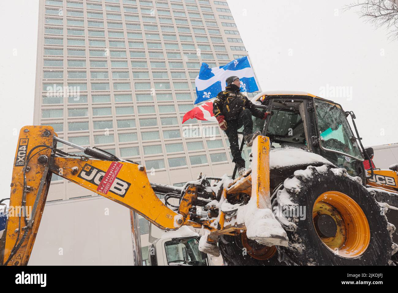 Protesters take part in 'convoie de la liberte' (freedom convoy) rally by the National Assembly in Quebec city Saturday February 19, 2022. Stock Photo