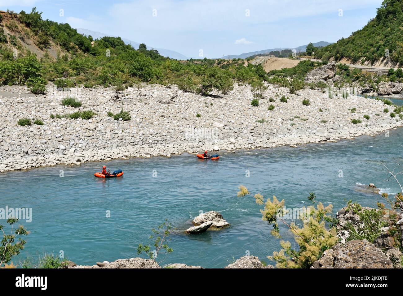 Inflatable canoes on the Vjosë or Vjosa River, near Përmet, Gjirokaster District, Albania, Southeastern Europe. Stock Photo