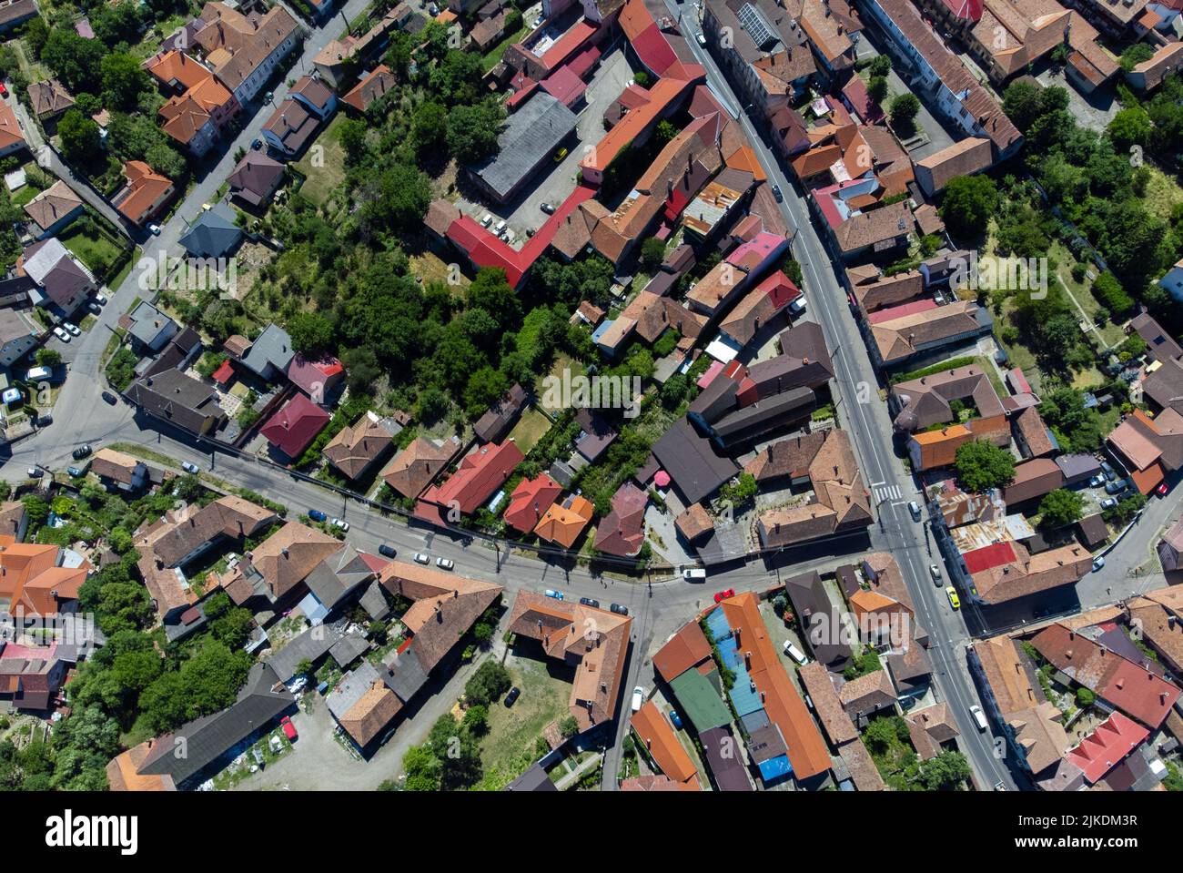 houses and streets in a rural locality seen from above, village, top