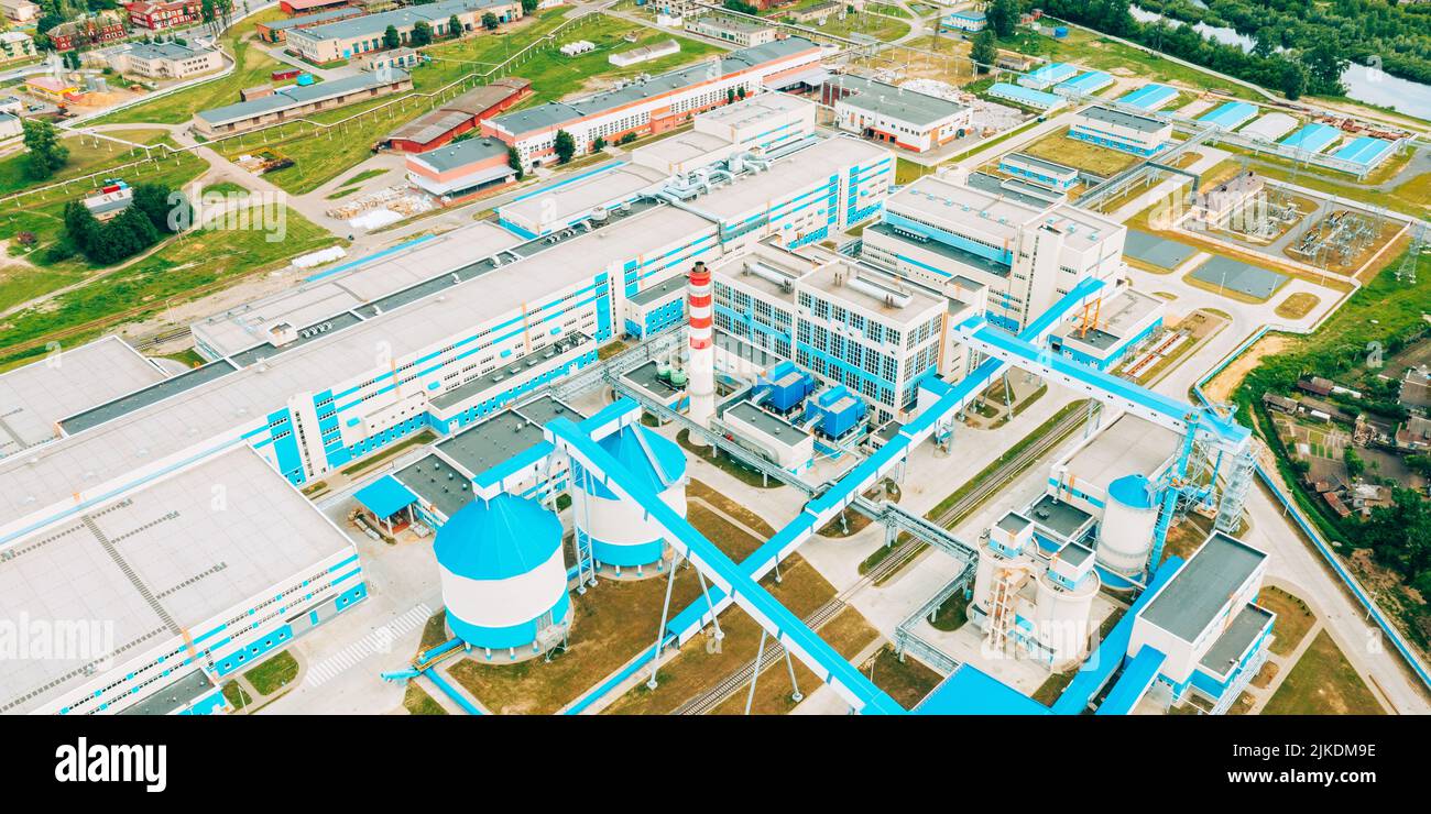 Aerial view of modern paper mill in summer sunny day. Bird's-eye view of paper factory Stock Photo