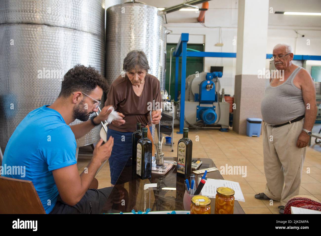 Gjikondi family, olive oil producer at Qeparo, Ionian Coast, Albania, Southeastern Europe. Stock Photo