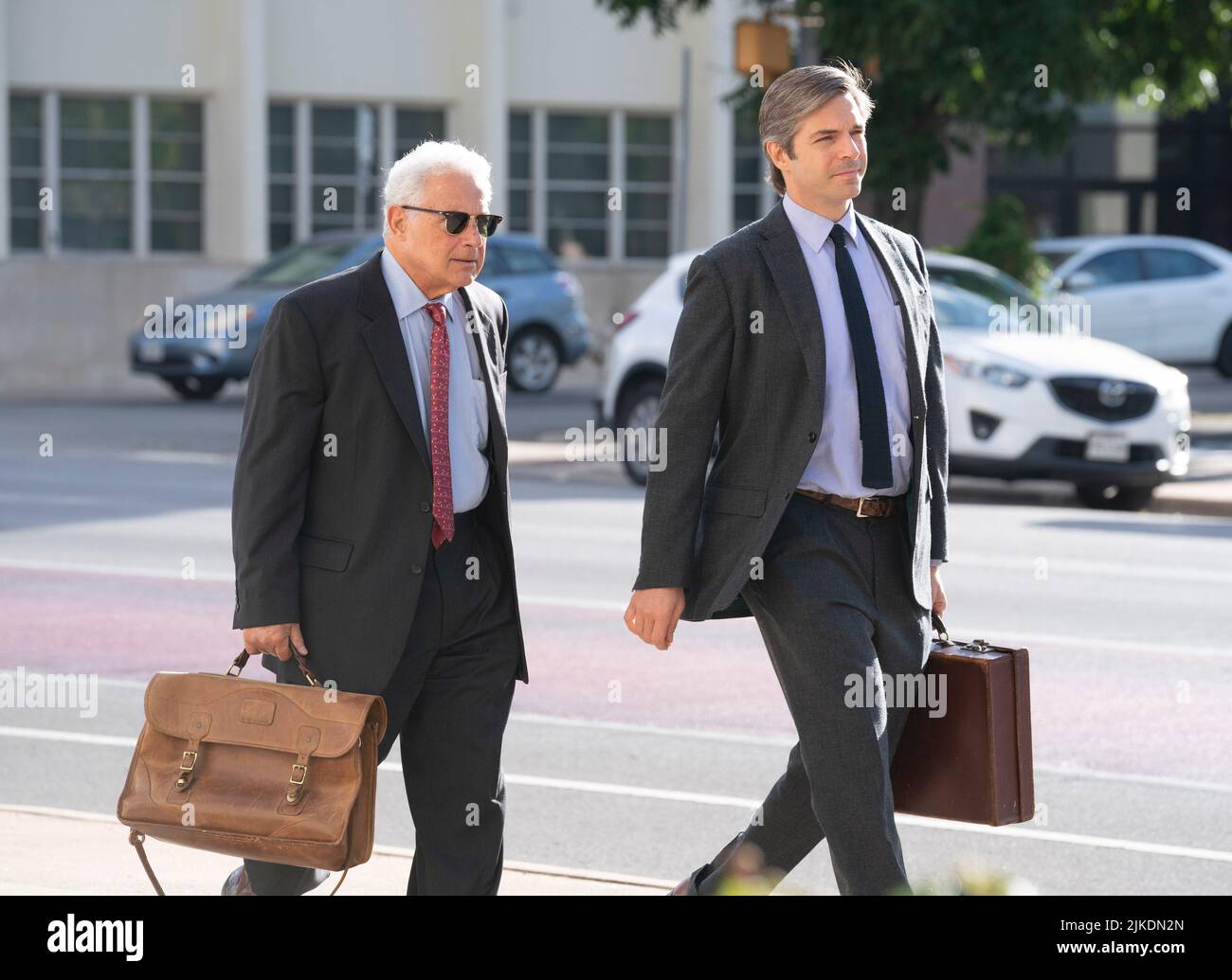 Austin, Texas, USA. 1st August, 2022. Alex Jones defense attorneys JOSEPH MAGLIOLO, l, and ANDINO REYNAL arrive at the Travis County Courthouse in Austin for the fifth day of the defamation trial of the InfoWars conspiracy peddler. Credit: Bob Daemmrich/Alamy Live News Stock Photo