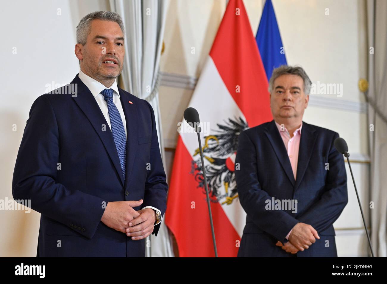 Vienna, Austria. 1st Aug, 2022. Doorsteps after today's crisis cabinet on energy supply in the Federal Chancellery with Federal Chancellor Karl Nehammer (L) and Vice Chancellor Werner Kogler (R) Stock Photo