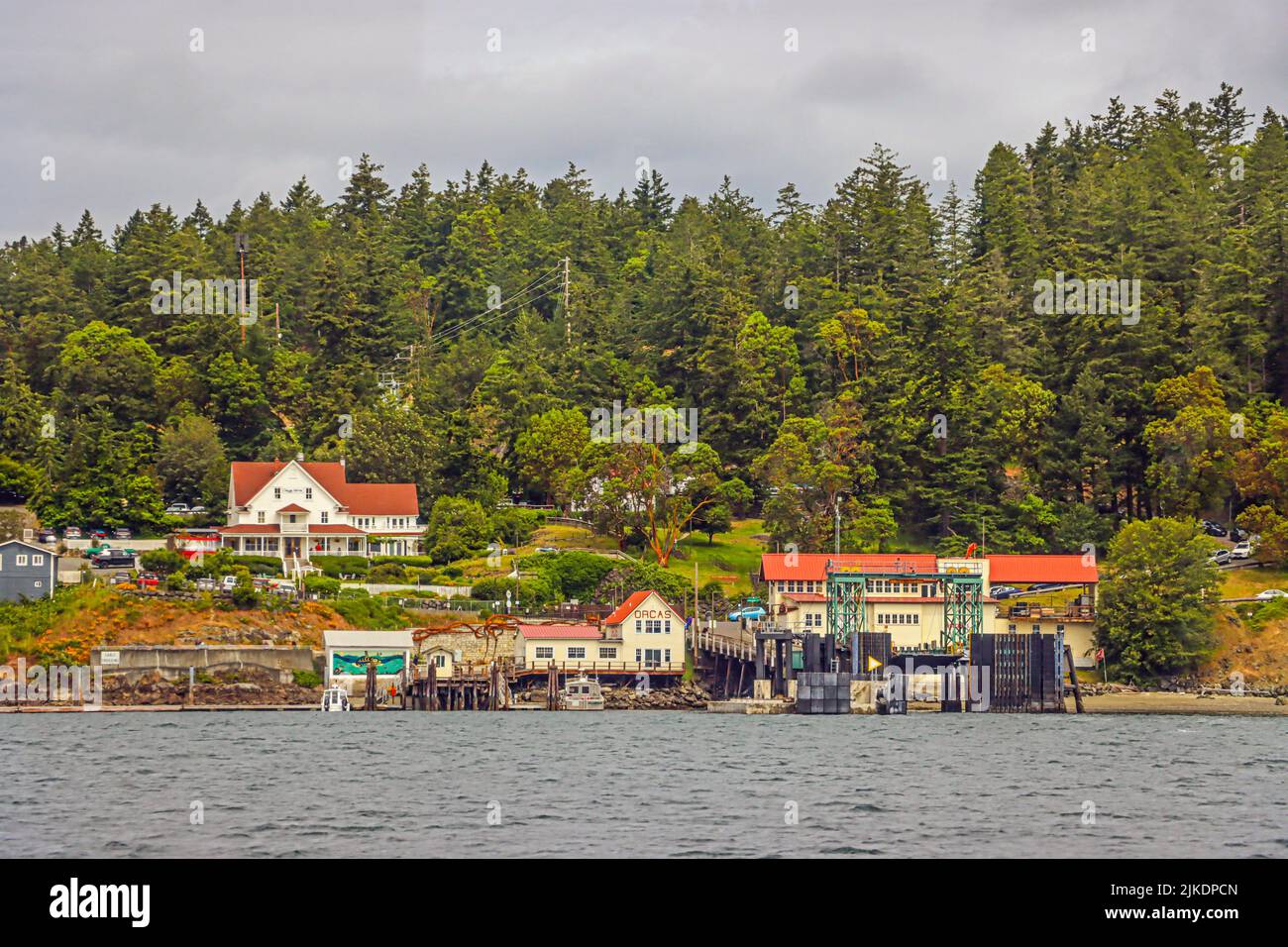 Ferry boat landing and the Orcas Hotel on Orcas Island. The San Juan