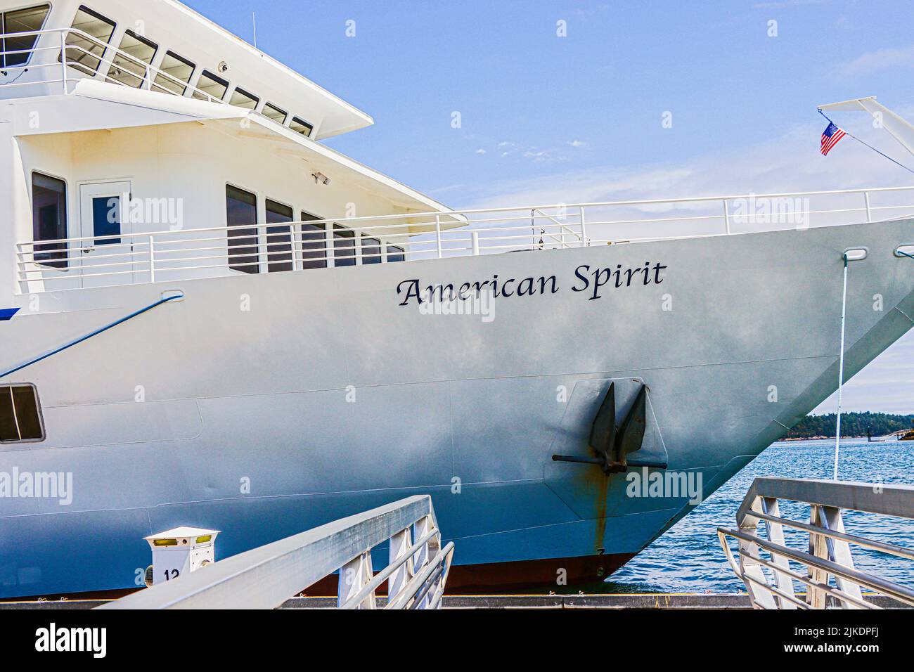 American Spirit, a ship of the American Cruise Lines, docked at San Juan Island, Washington State. Stock Photo