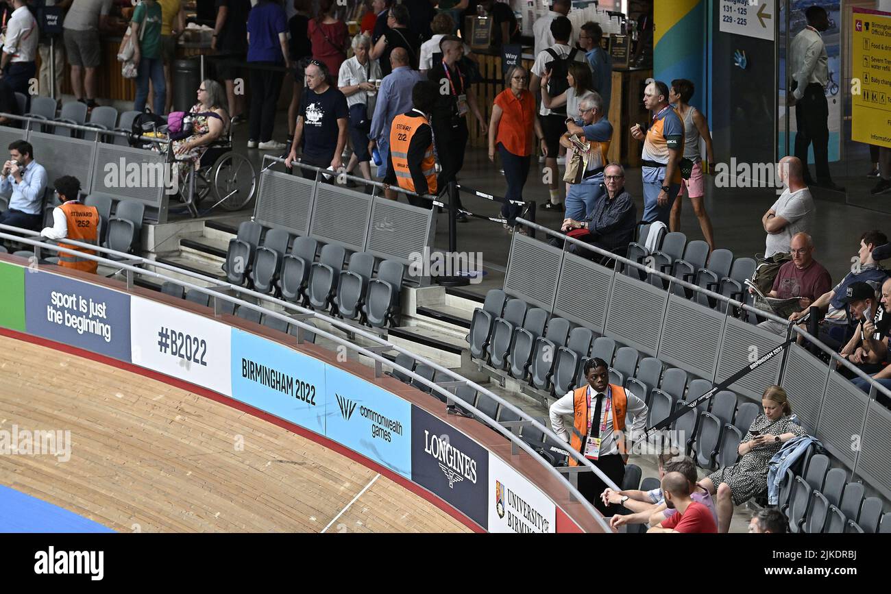 Stratford, United Kingdom. 01st Aug, 2022. Commonwealth Games Track Cycling. Olympic Velodrome. Stratford. The section of seating where the horrific crash happened yesterday has been cordoned off and no spectators are allowed to sit there. Credit: Sport In Pictures/Alamy Live News Stock Photo