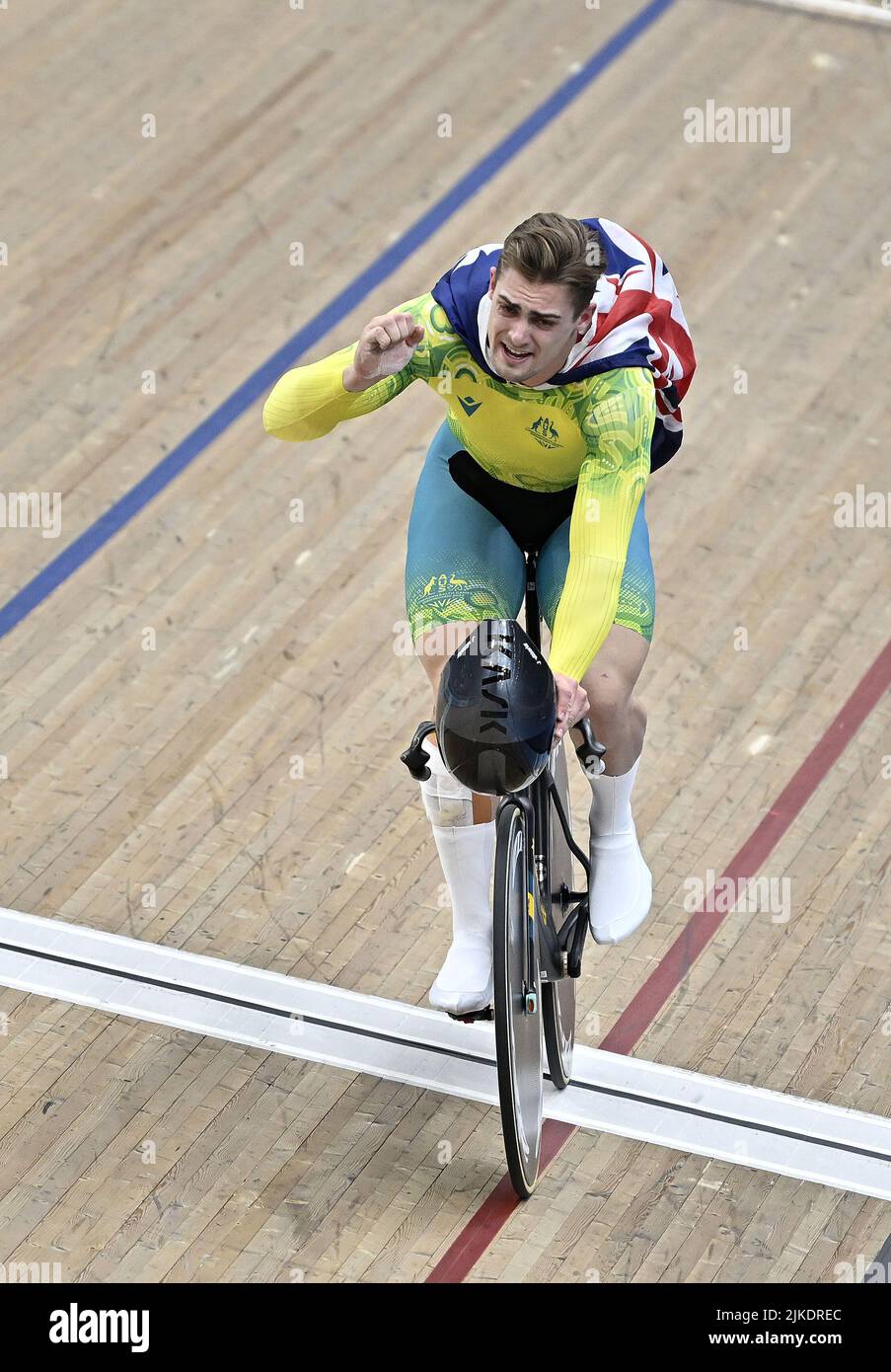 Stratford, United Kingdom. 01st Aug, 2022. Commonwealth Games Track Cycling. Olympic Velodrome. Stratford. Matthew Glaetzer (AUS) celebrates his win during the Mens 1000m Time Trial. Credit: Sport In Pictures/Alamy Live News Stock Photo