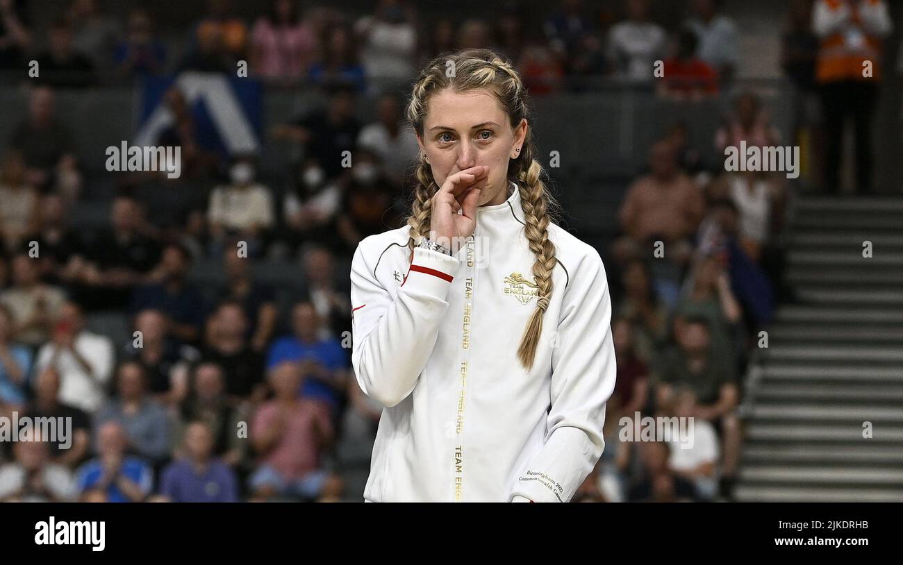 Stratford, United Kingdom. 01st Aug, 2022. Commonwealth Games Track Cycling. Olympic Velodrome. Stratford. Laura Kenny (ENG) puts her hand to her mouth before she steps onto the podium during the Womens 10km Scratch race Credit: Sport In Pictures/Alamy Live News Stock Photo