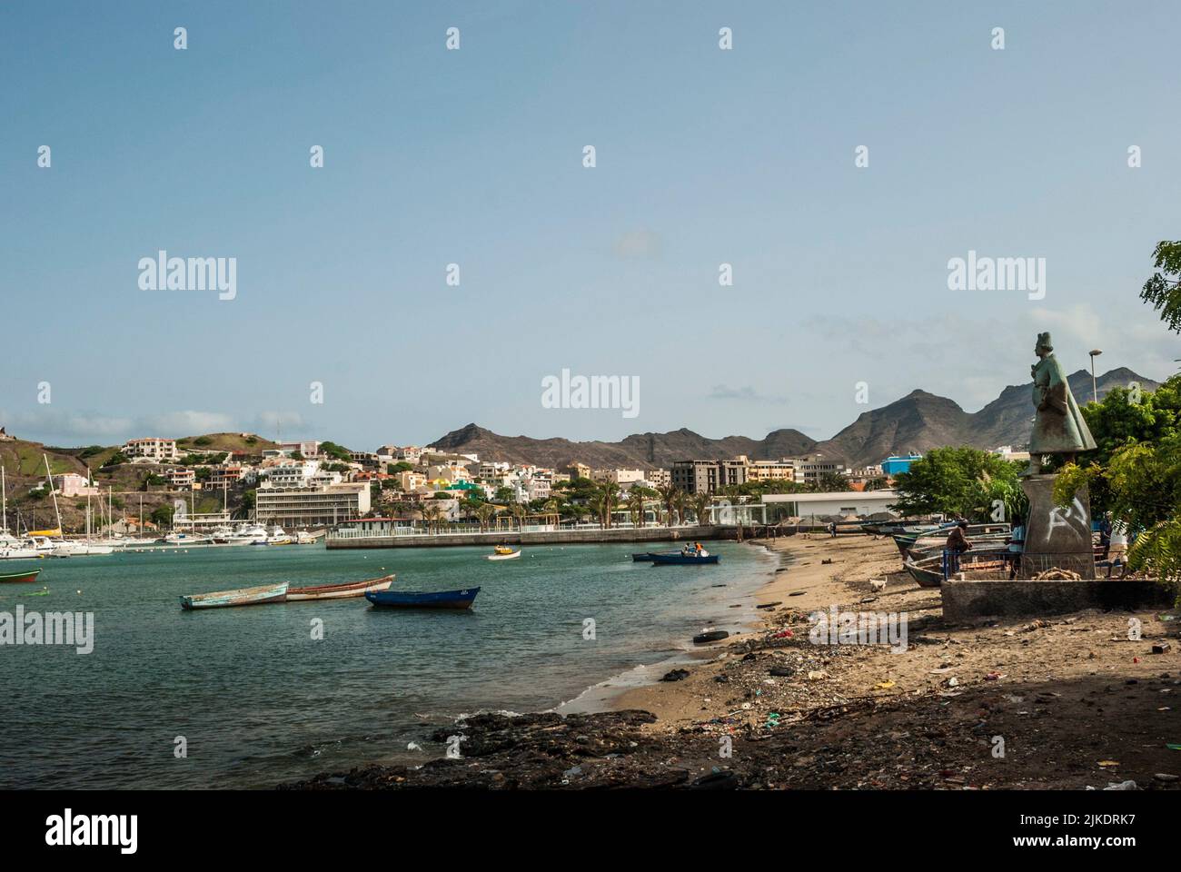 Diogo Alfonso Statue, side view. Portuguese explorer. Mindelo Bay beach