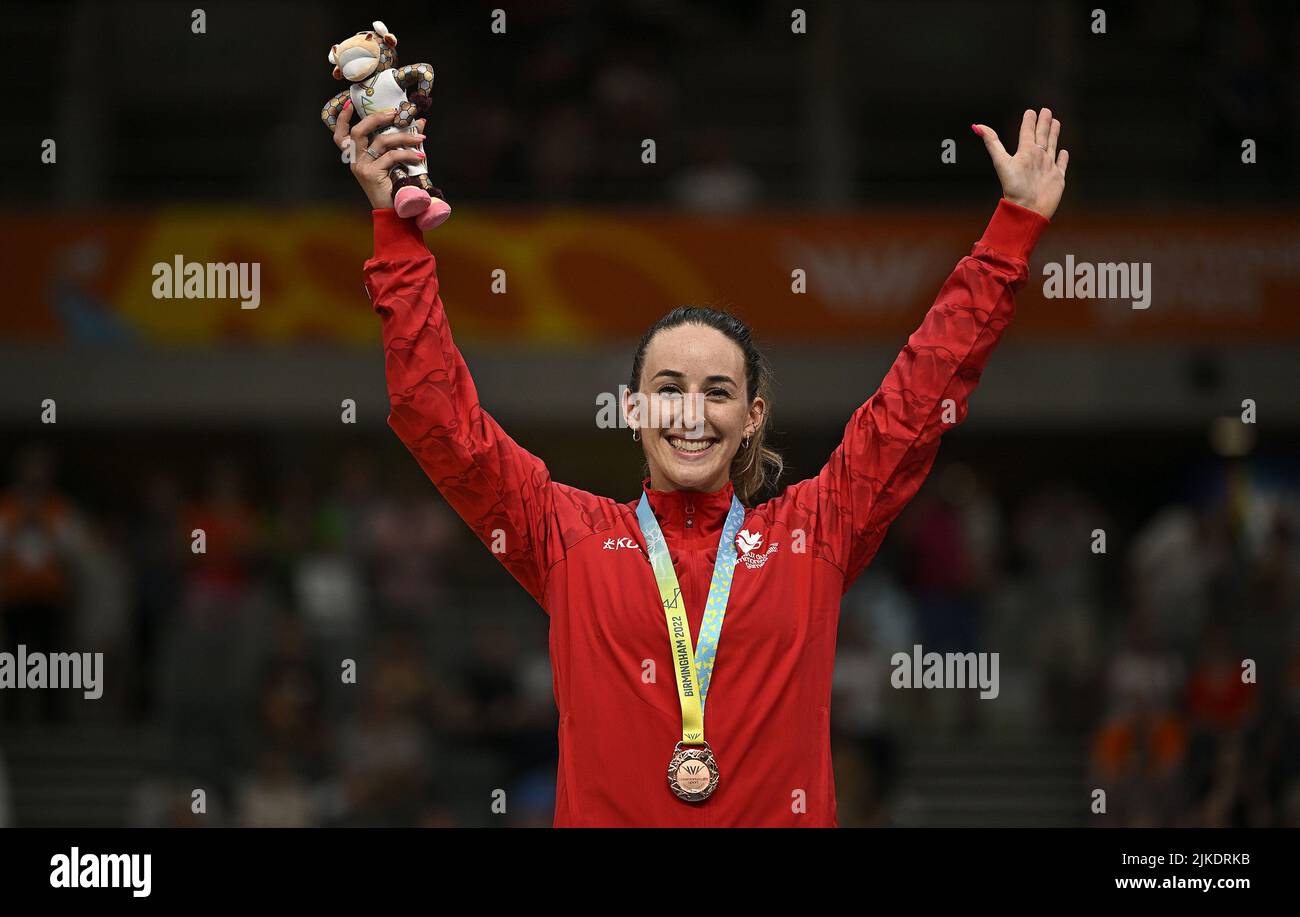 Stratford, United Kingdom. 01st Aug, 2022. Commonwealth Games Track Cycling. Olympic Velodrome. Stratford. Maggie Coles-lyster (CAN) celebrates with her Bronze medal during the Womens 10km Scratch race Credit: Sport In Pictures/Alamy Live News Stock Photo