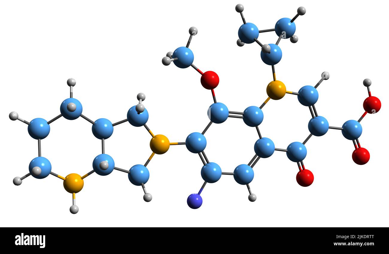 3D image of Moxifloxacin skeletal formula - molecular chemical structure of  antibiotic isolated on white background Stock Photo